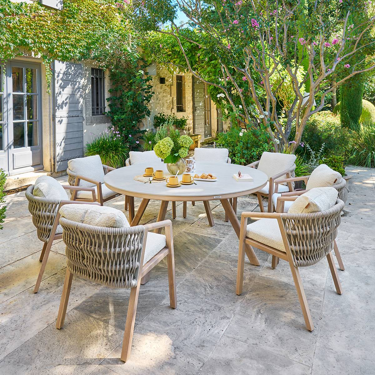 Round garden table NELORA Beige / Honey 8 seats - Epoxy-treated aluminum, Sintered stone Beige String / Honey