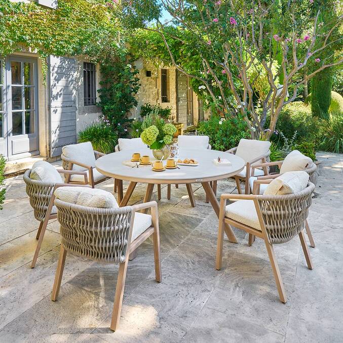 Round garden table NELORA Beige / Honey 8 seats - Epoxy-treated aluminum, Sintered stone Beige String / Honey