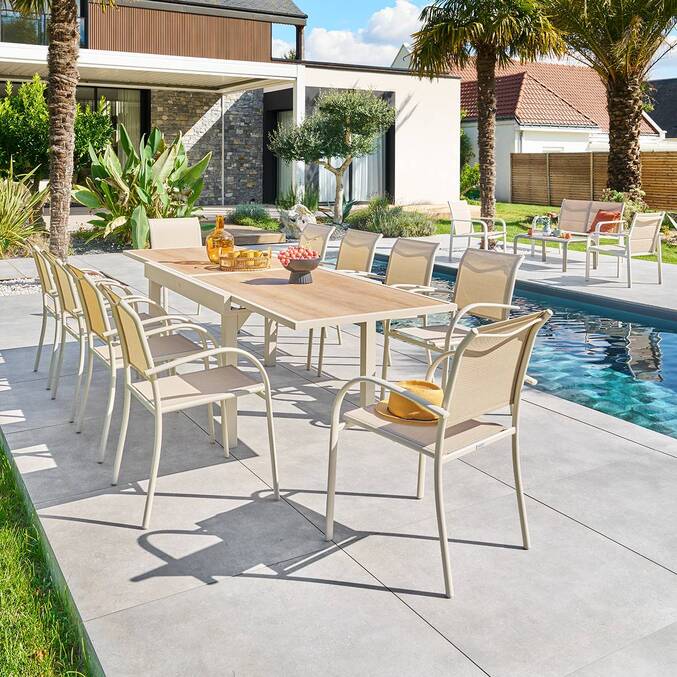 Rectangular extendable garden table PIAZZA Spelt / Clay 10 seats - Epoxy treated aluminum, Tempered glass Spelt / Clay