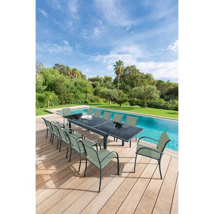 Silla de jardín con reposabrazos apilable PIAZZA Verde oliva / Grafito Aluminio tratado con epoxi, Texaline