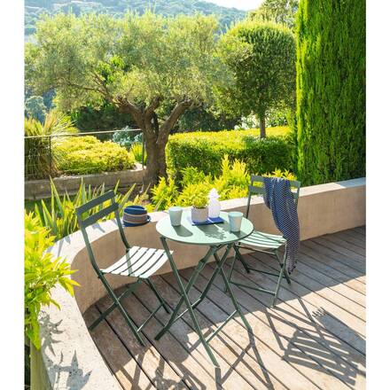 Mesa de jardín redonda plegable GREENSBORO Verde oliva 2 plazas - Acero tratado con epoxi, Tratamiento antioxidante reforzado