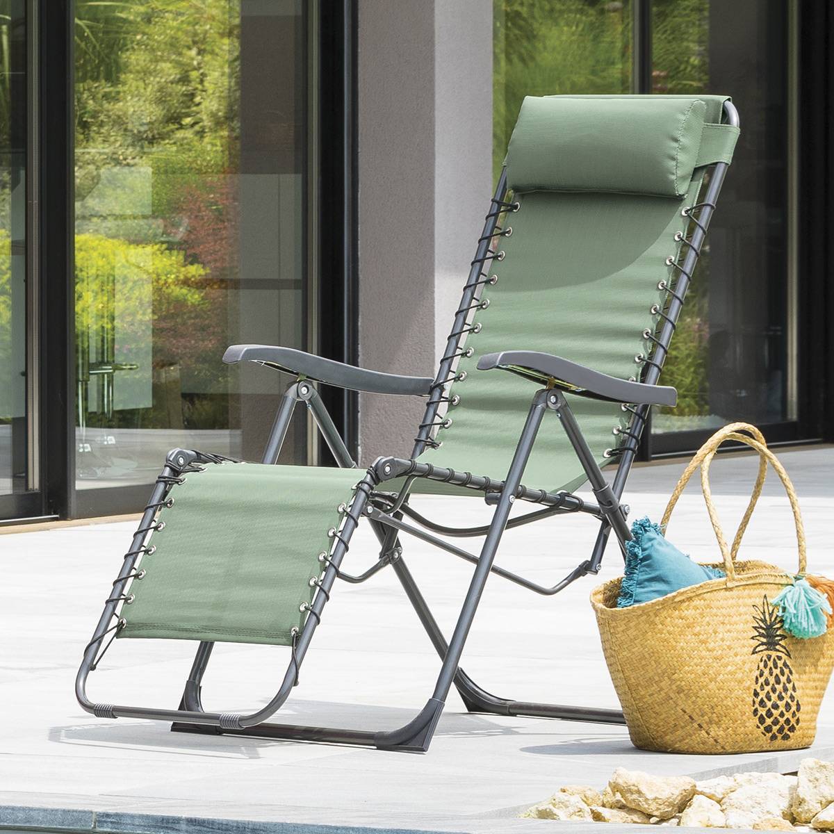 Sillón relax de jardín SILOS Verde oliva 5 posiciones - Acero con recubrimiento de epoxi, Texaline Verde oliva