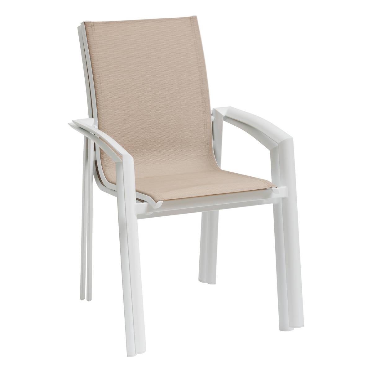 Silla de jardín con reposabrazos apilable AXANT Lino / Blanco Aluminio tratado con epoxi, Texaline Lino / Blanco