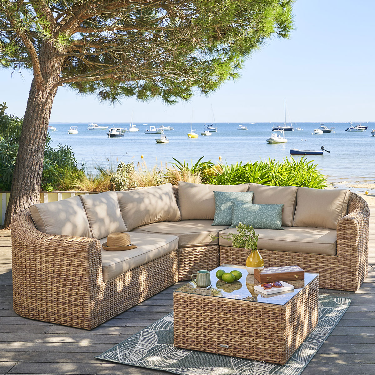 Conjunto de muebles de jardín de esquina MOOREA Savana 5 plazas - Aluminio tratado epoxi, Resina tejida, Poliéster Savana