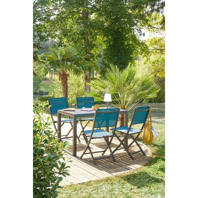 Set de 4 sillas de jardín plegables ESSENTIA Azul petróleo / Grafito Aluminio tratado con epoxi, Texaline Azul pato / Grafito