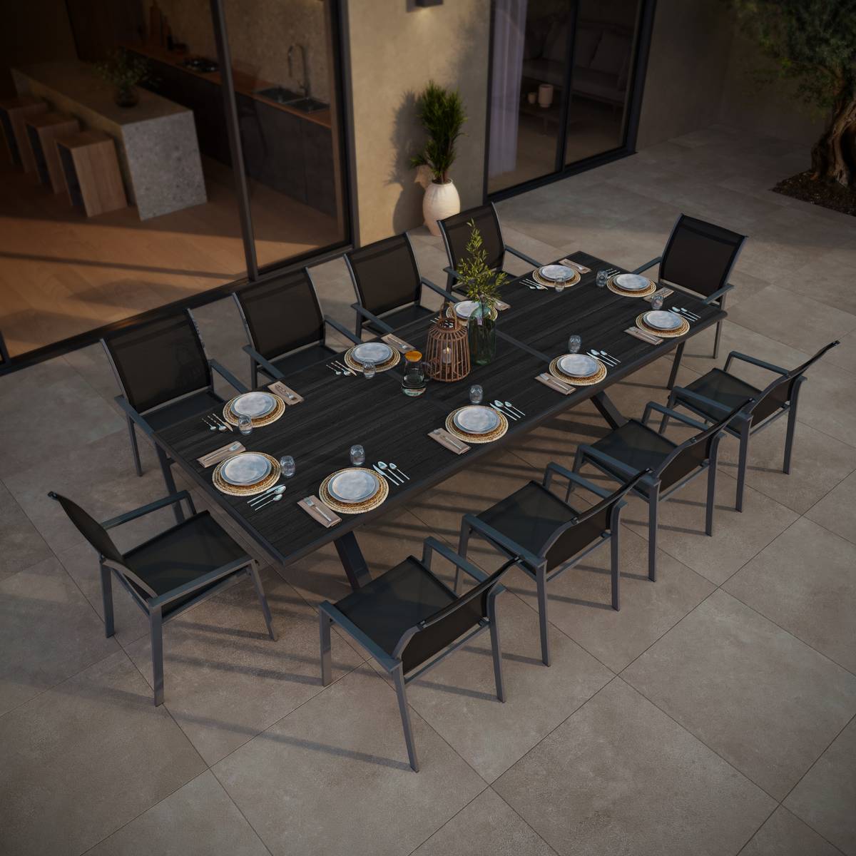 Silla de jardín con reposabrazos apilable ESSENTIA Antracita / Grafito Aluminio tratado con epoxi, Texaline Antracita / Grafito