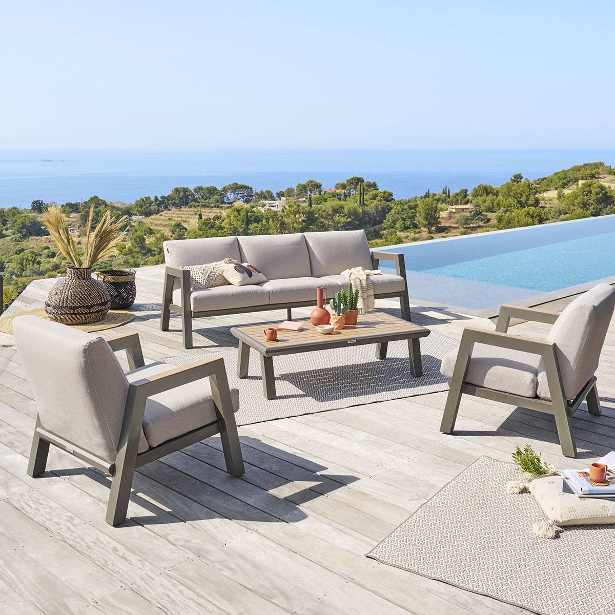 Conjunto de jardín AXIOME Beige / Praline 5 plazas - Aluminio tratado con epoxi, Texaline, Olefina Beige / Praliné