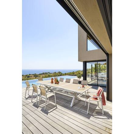 Mesa de jardín extensible AXIOME Efecto madera Lino / Blanco 12 plazas - Aluminio con recubrimiento de epoxi