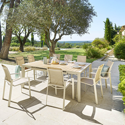 Mesa de jardín extensible cuadrada ÉVASION efecto madera Lino y Arcilla