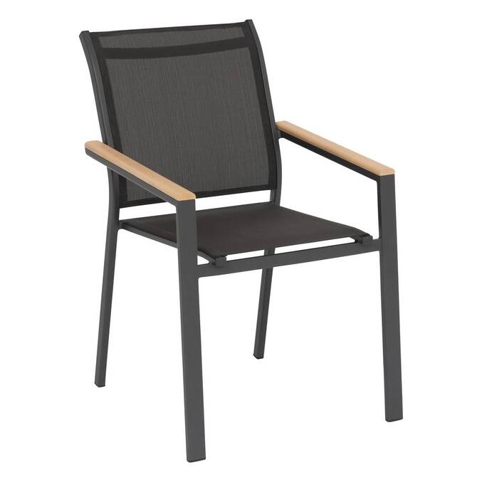 Silla de jardín con reposabrazos apilable ESSENTIA Antracita, Grafito / Acacia Aluminio tratado con epoxi, acacia certificada FSC®, Texaline Antracita / Grafito / Acacia