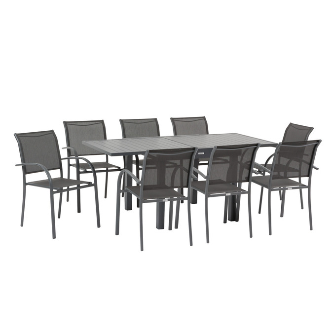 1 mesa de jardín extensible PIAZZA + 8 sillones PIAZZA 1 mesa extensible 8 plazas y 8 sillas apilables Grafito