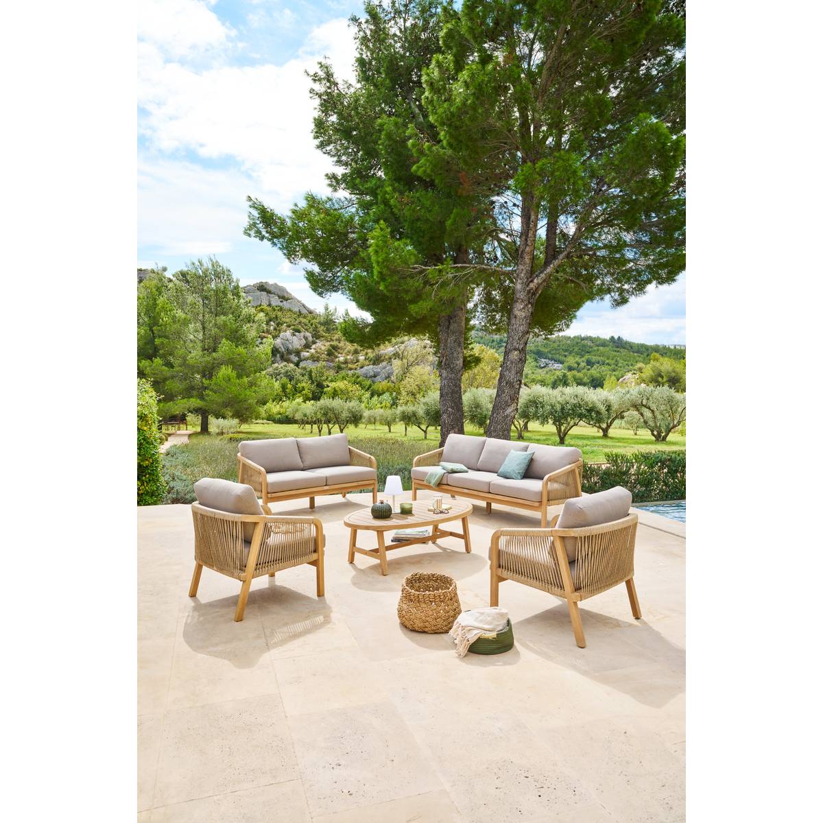 Conjunto de jardín PAPOUASIE Acacia 5 plazas - Acacia certificado FSC®, Poliéster Topo / Acacia