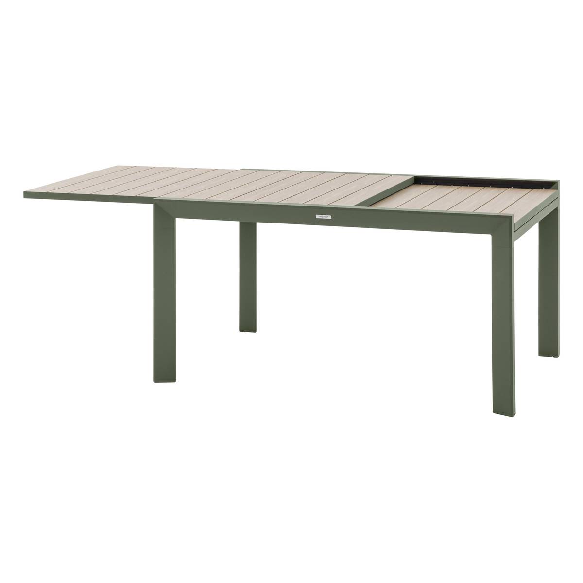 Mesa de jardín extensible deslizante ÉVASION Efecto madera Lino / Verde laurel 10 plazas - Aluminio tratado con epoxi, lamas de aluminio efecto madera Efecto madera Lino / Laurel verde