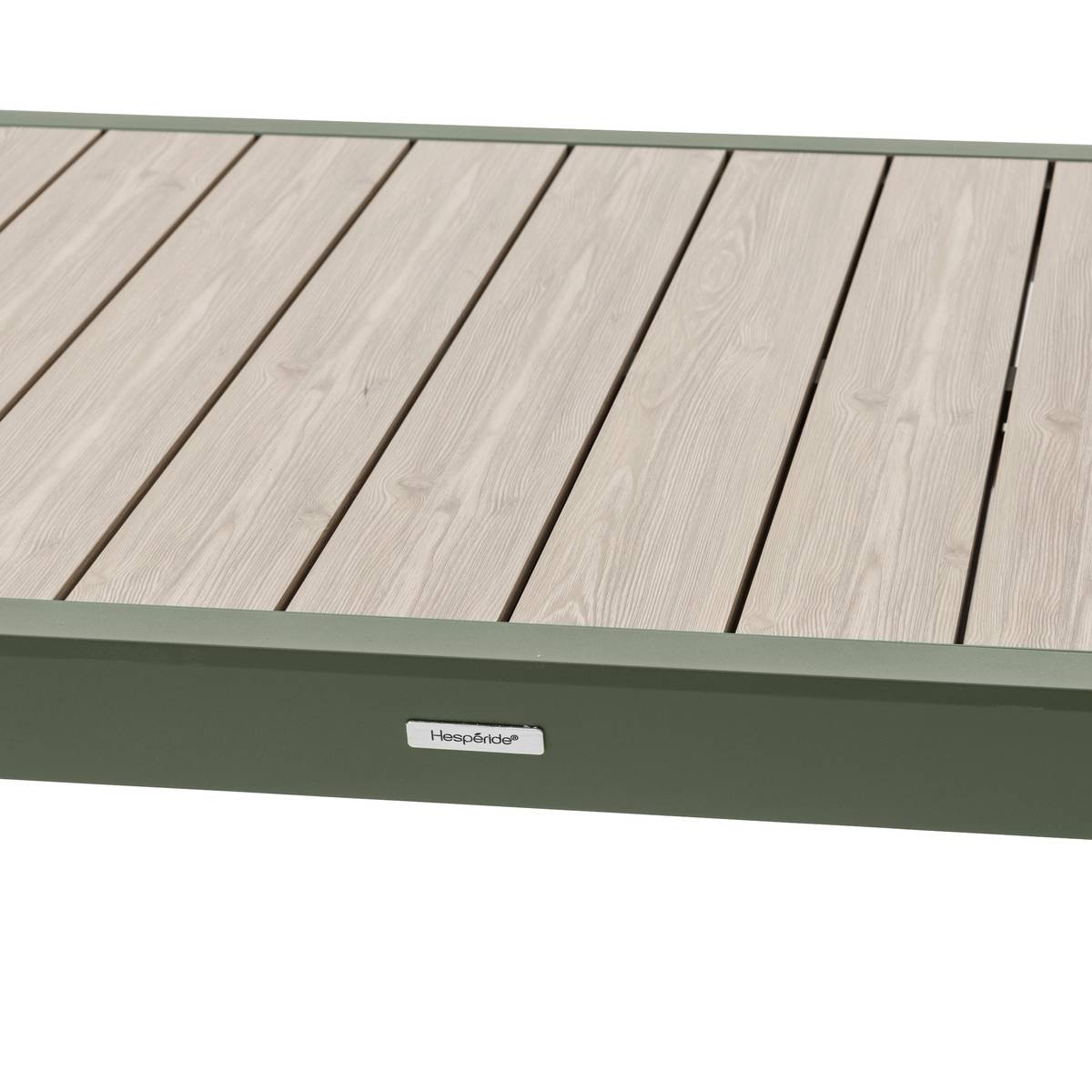 Mesa de jardín extensible deslizante ÉVASION Efecto madera Lino / Verde laurel 10 plazas - Aluminio tratado con epoxi, lamas de aluminio efecto madera Efecto madera Lino / Laurel verde