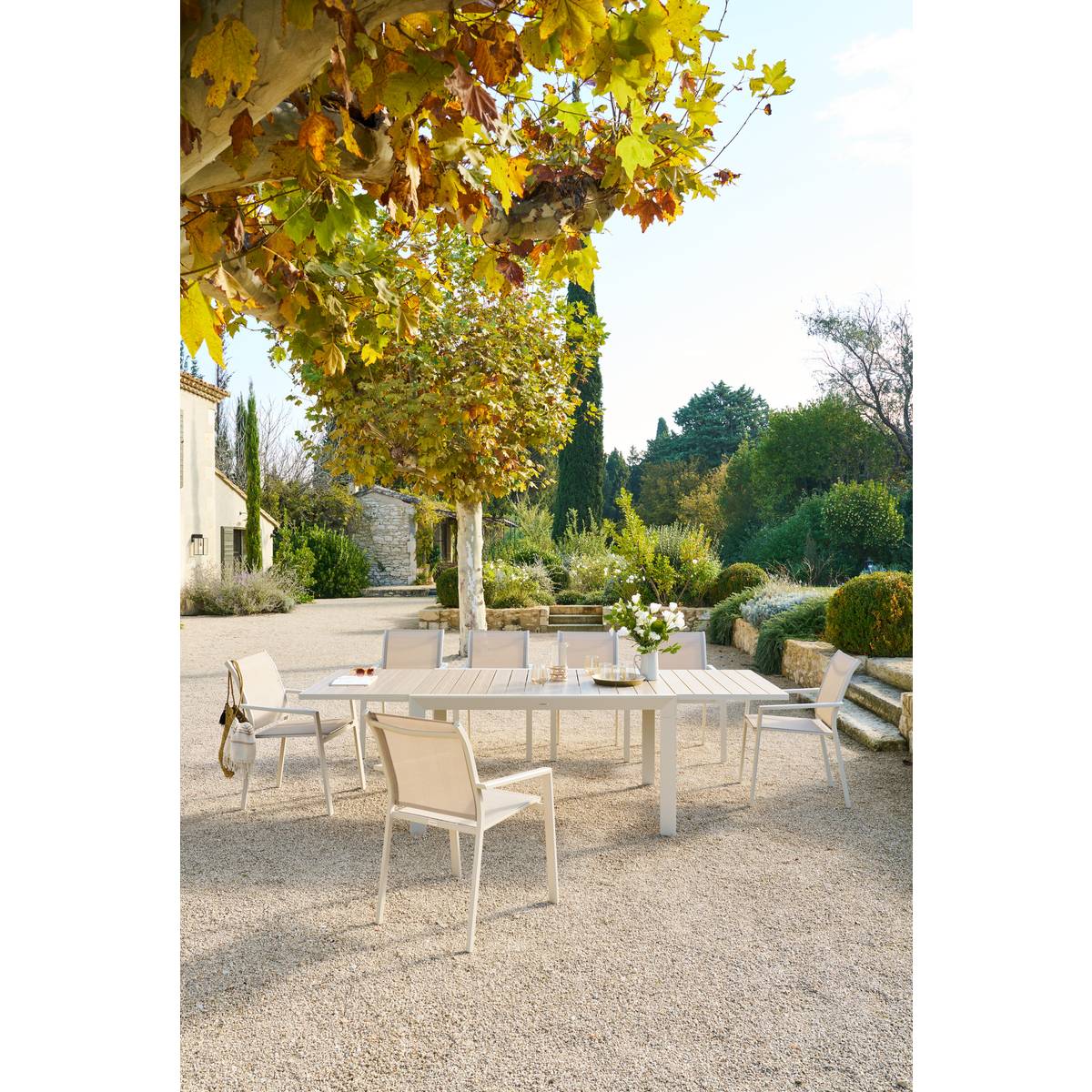 Mesa de jardín extensible deslizante ÉVASION Efecto madera Lino / Arcilla 10 plazas - Aluminio tratado con epoxi, lamas de aluminio efecto madera Efecto madera Lino / Arcilla