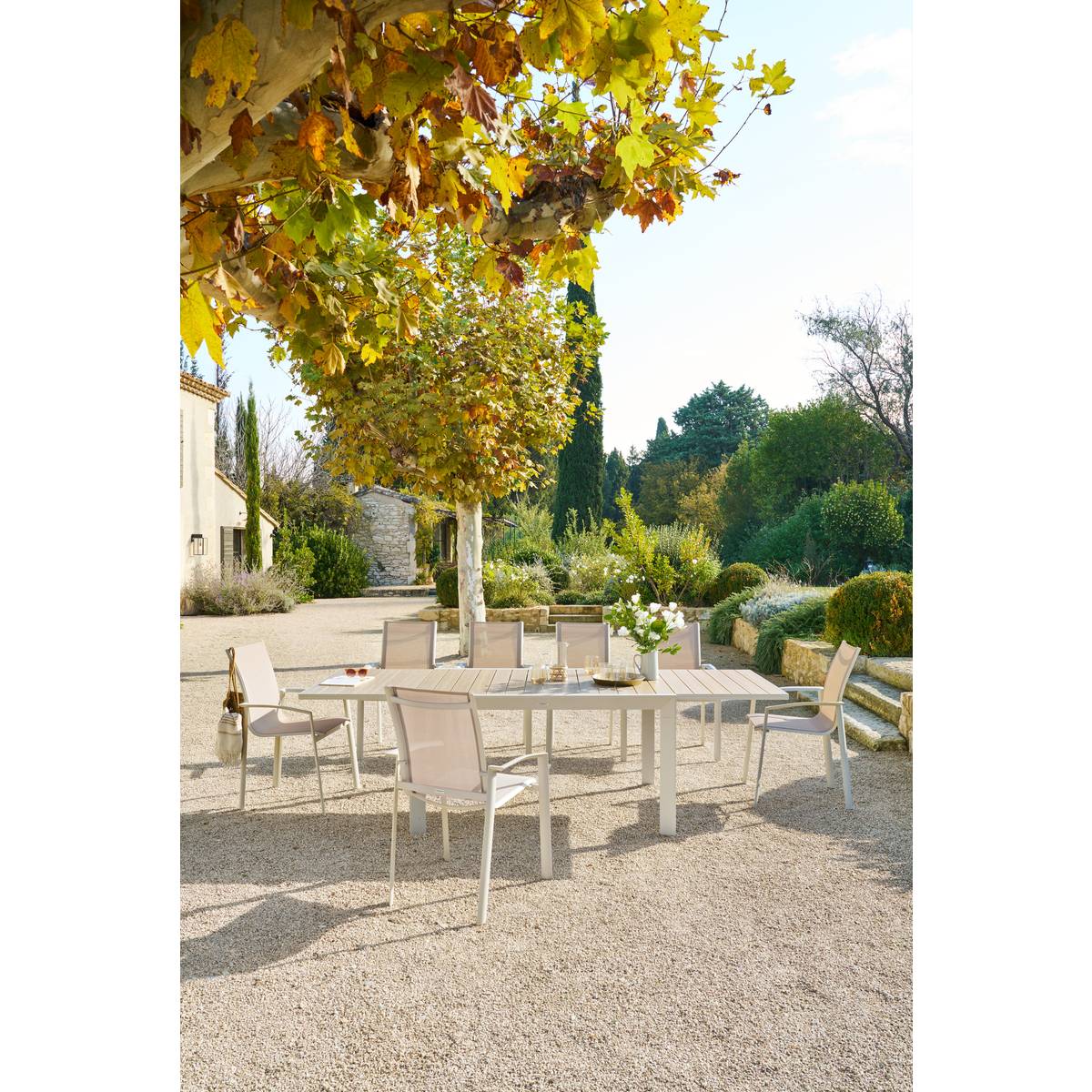 Mesa de jardín extensible deslizante ÉVASION Efecto madera Lino / Arcilla 10 plazas - Aluminio tratado con epoxi, lamas de aluminio efecto madera Efecto madera Lino / Arcilla