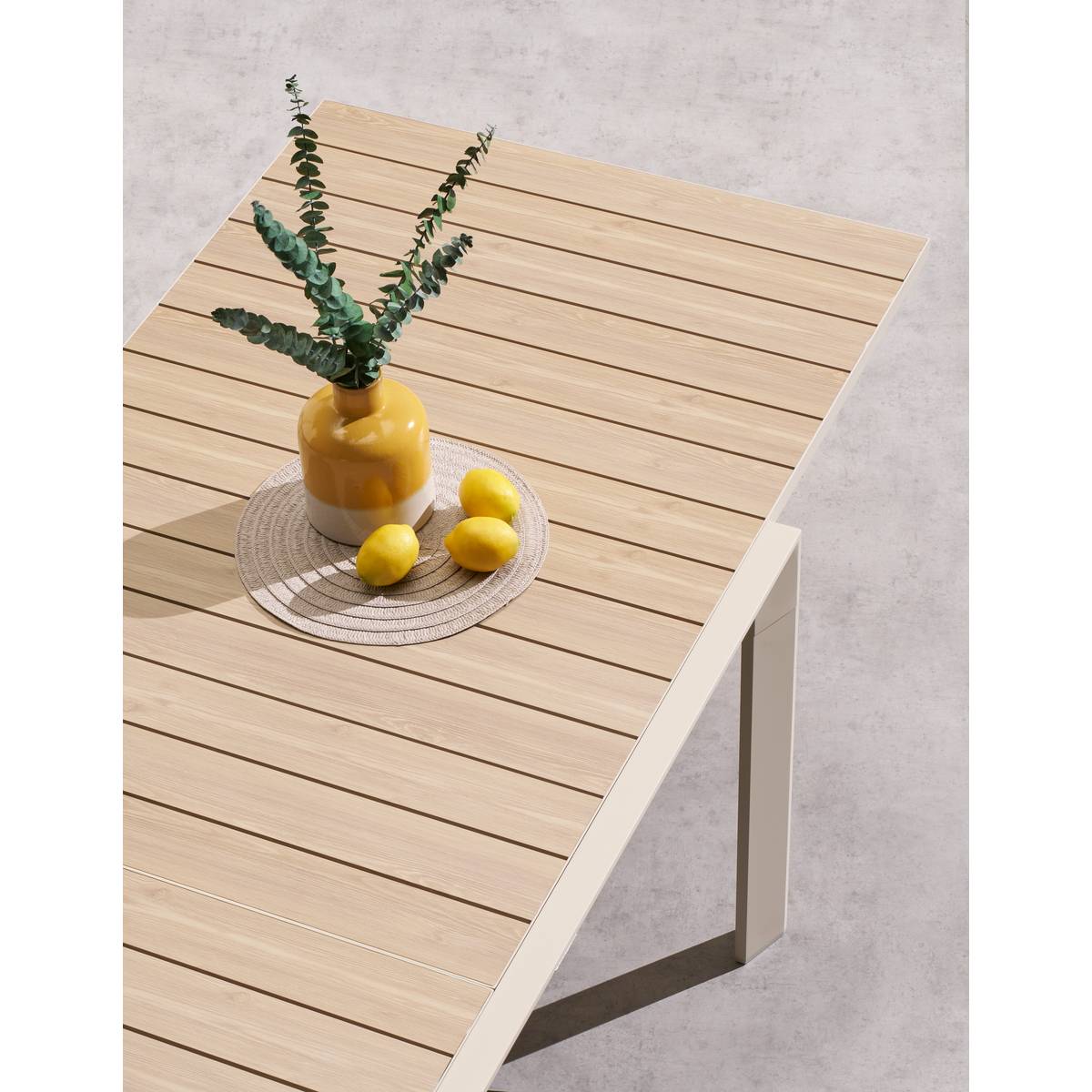 Mesa de jardín extensible deslizante ÉVASION Efecto madera Lino / Arcilla 10 plazas - Aluminio tratado con epoxi, lamas de aluminio efecto madera Efecto madera Lino / Arcilla