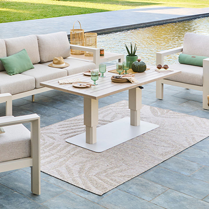 Mesa de jardín rectangular elevable SALIMIA Arcilla y Lino 150 x 80 x 69 cm - Aluminio tratado con epoxi Arcilla / Lino
