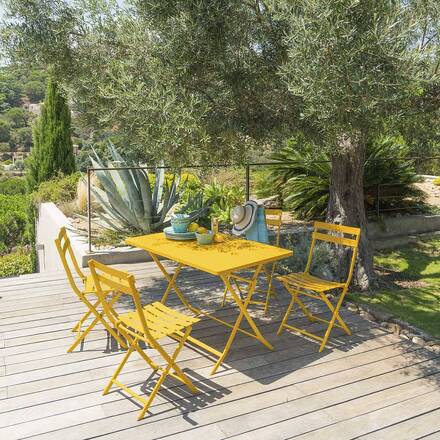 1 mesa de jardín plegable rectangular + 4 sillas GREENSBORO Amarillo mostaza 4 plazas - Acero tratado con epoxi, Tratamiento anticorrosión reforzado