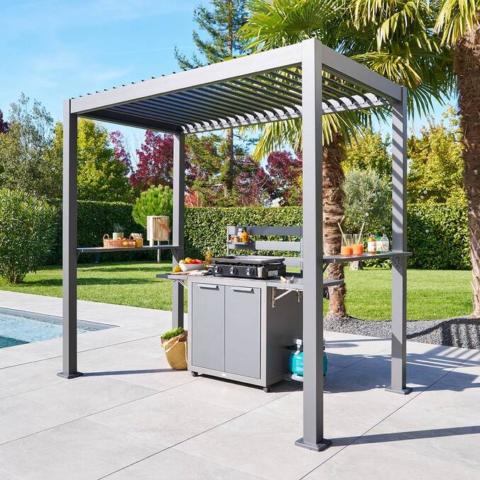 Refugio para barbacoa GRILY Grafito 2,4 x 1,5 m - Estructura de aluminio, Lamas de acero Grafito