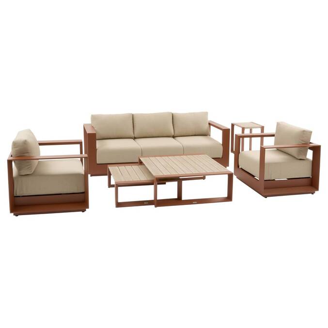 Conjunto de jardín giratorio ALLURE Beige / Caoba 5 plazas - Aluminio tratado con epoxi, Poliéster Beige Zebrano / Marrón caoba