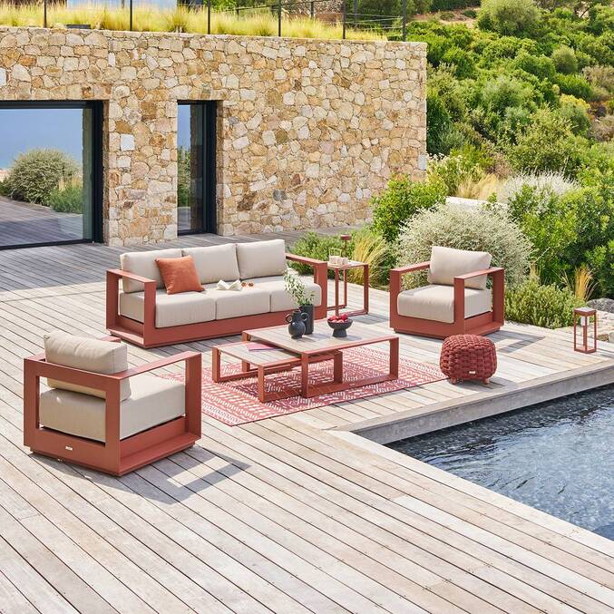 Conjunto de jardín giratorio ALLURE Beige / Caoba 5 plazas - Aluminio tratado con epoxi, Poliéster Beige Zebrano / Marrón caoba