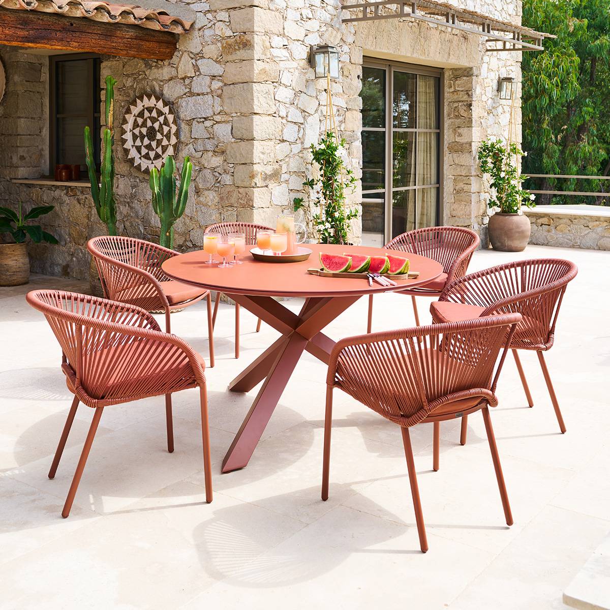 Mesa de jardín redonda ORYON Caoba 6 plazas - Aluminio tratado con epoxi, Vidrio Marrón Caoba