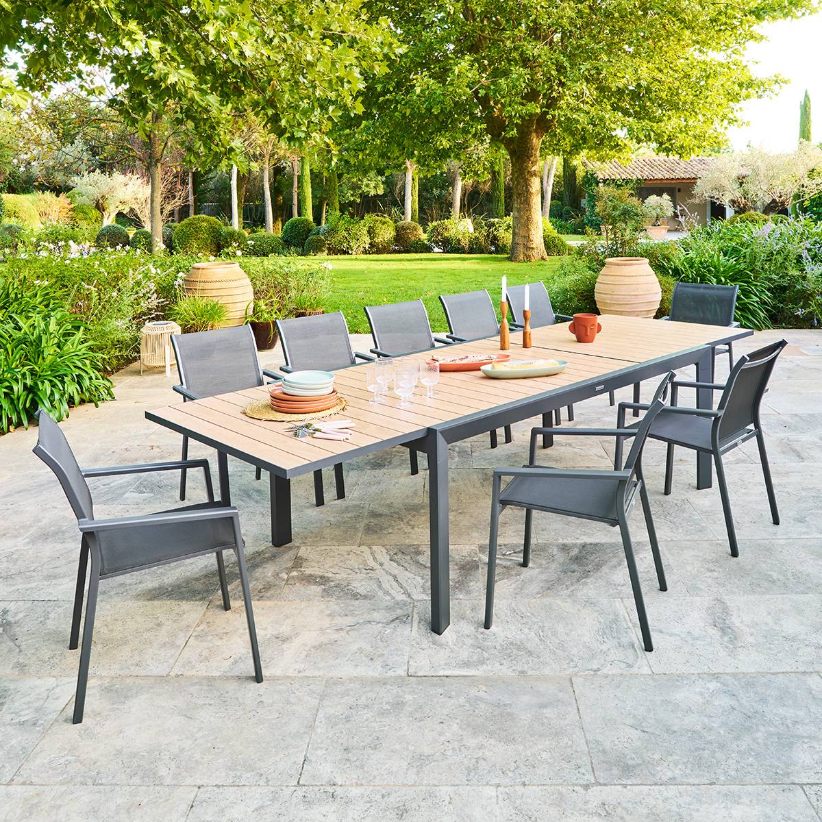 Mesa de jardín rectangular extensible EVASION Miel / Grafito 12 plazas - Aluminio con recubrimiento de epoxi Honey / Grafito