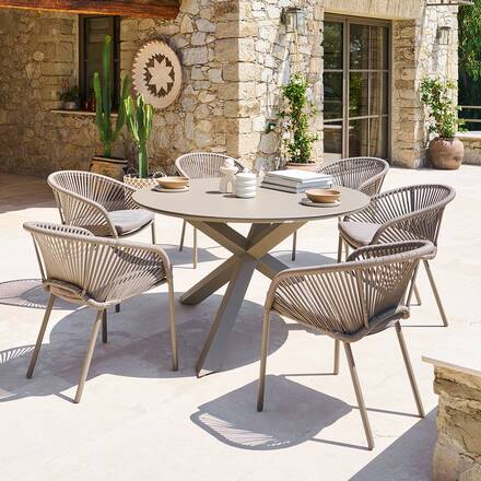 Mesa de jardín redonda ORYON Café 6 plazas - Aluminio tratado con epoxi, Vidrio