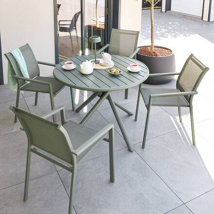 Mesa de jardín redonda NEBULLIA Verde laurel 4 plazas - Aluminio tratado con epoxi, Tratamiento anticorrosión reforzado