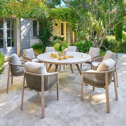 Mesa de jardín redonda NELORA Beige cuerda / Honey 8 plazas - Aluminio tratado con epoxi, Piedra sinterizada