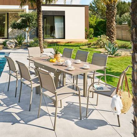 Mesa de jardín extensible cuadrada PIAZZA Trufa / Café 8 plazas - Aluminio tratado con epoxi, Vidrio templado