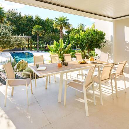 Mesa de jardín rectangular extensible PAVANE Malta / Arcilla 10 plazas - Aluminio tratado con epoxi, Vidrio templado