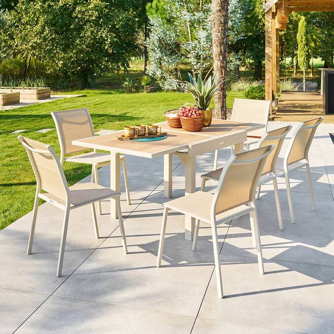 Mesa de jardín extensible cuadrada PIAZZA Espelta / Arcilla 8 plazas - Aluminio tratado con epoxi, Vidrio templado3884