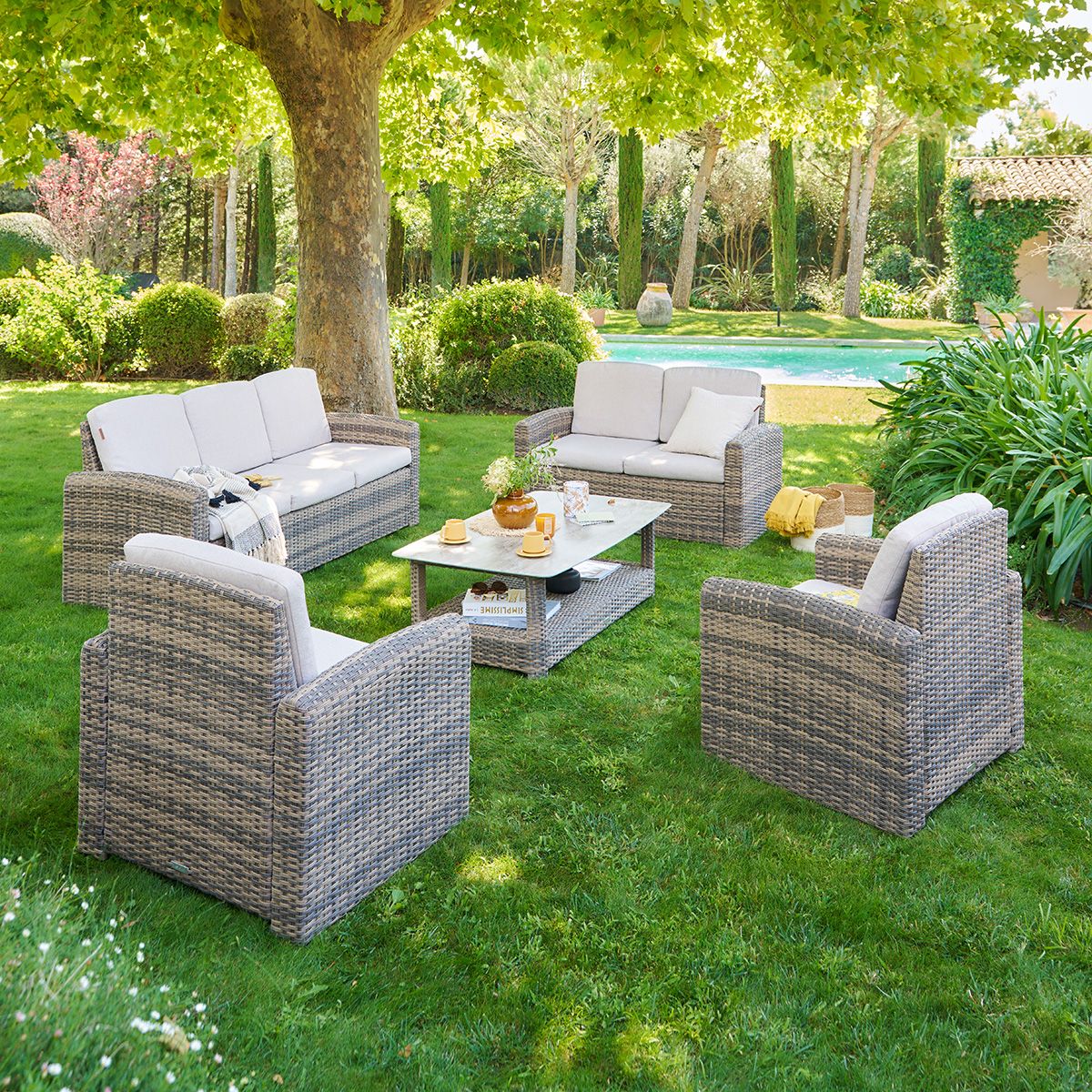 Salón de jardín SELENIM Beige 7 plazas - Aluminio con tratamiento epoxi, Olefina Naturae