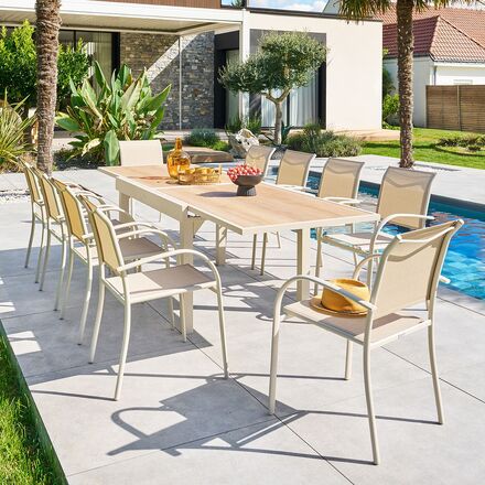 Conjunto mesa de jardín extensible PIAZZA + 10 sillones PIAZZA Espelta & Arcilla 10 plazas - Aluminio con tratamiento epoxi, Vidrio templado