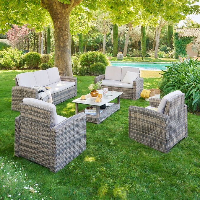 Salón de jardín SELENIM Beige 7 plazas - Aluminio con tratamiento epoxi, Olefina3436