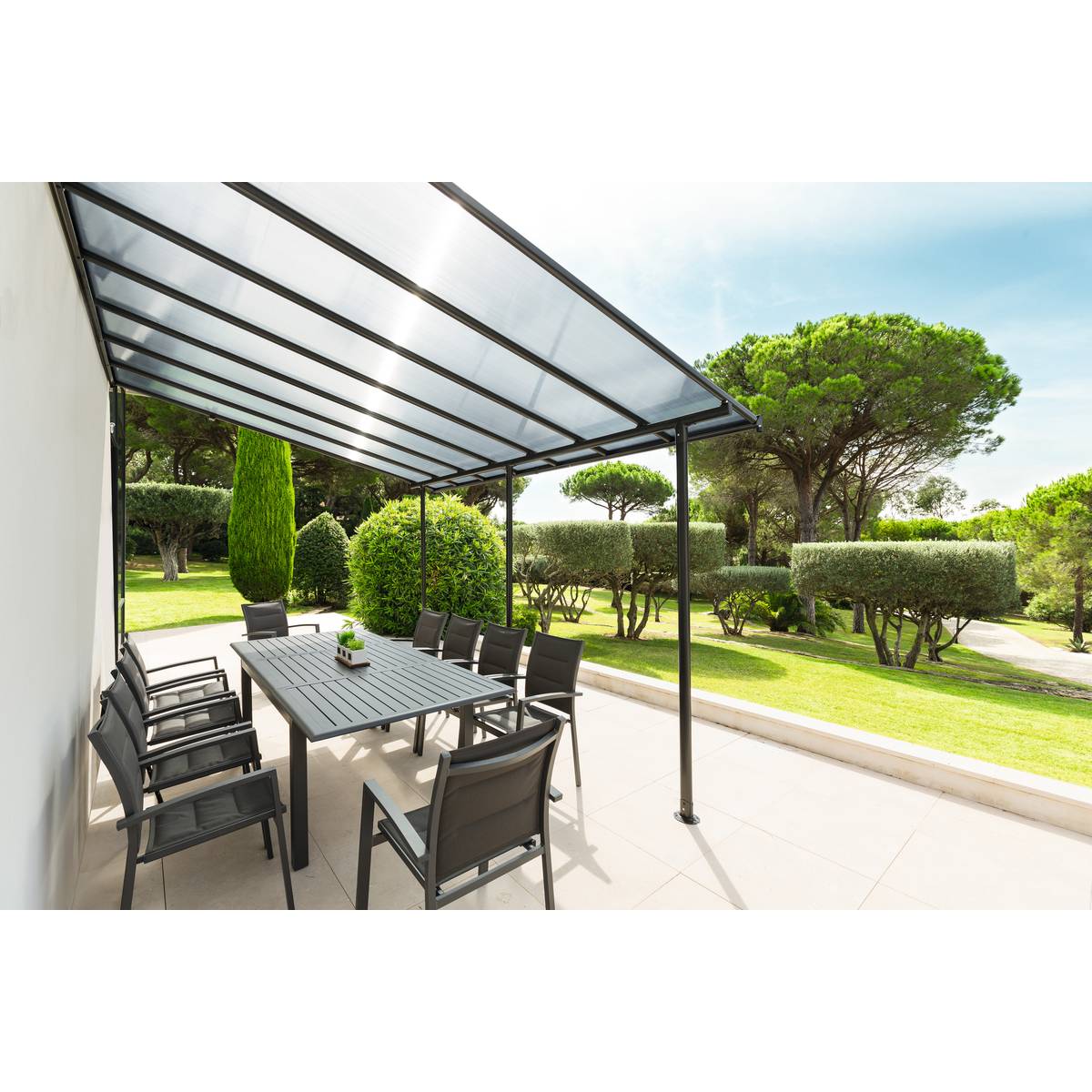 Pergola adossée BELIZE Graphite 4 x 3 m - Structure en aluminium et polycarbonate Graphite