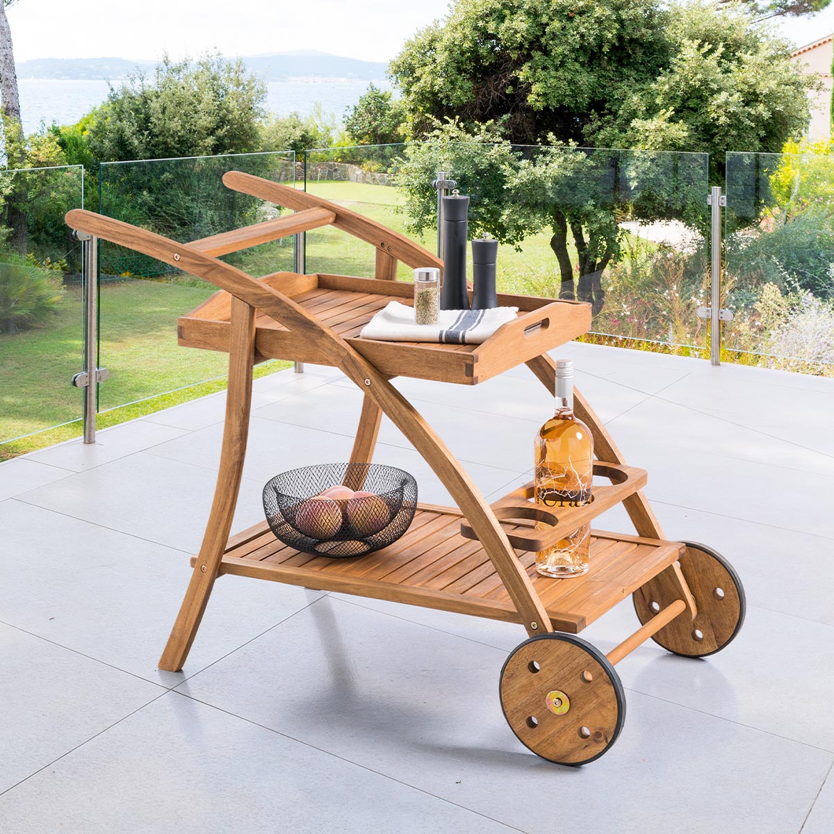 Desserte de jardin 2 étages TIWI Acacia 2 roues - Acacia certifié FSC® Acacia