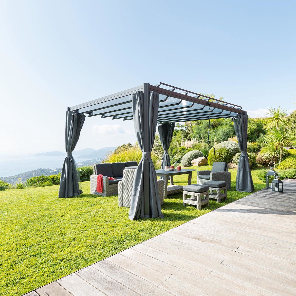 Pergola autoportante BELIZE Graphite 3,8 x 3 m - Structure  en aluminium et polycarbonate Graphite