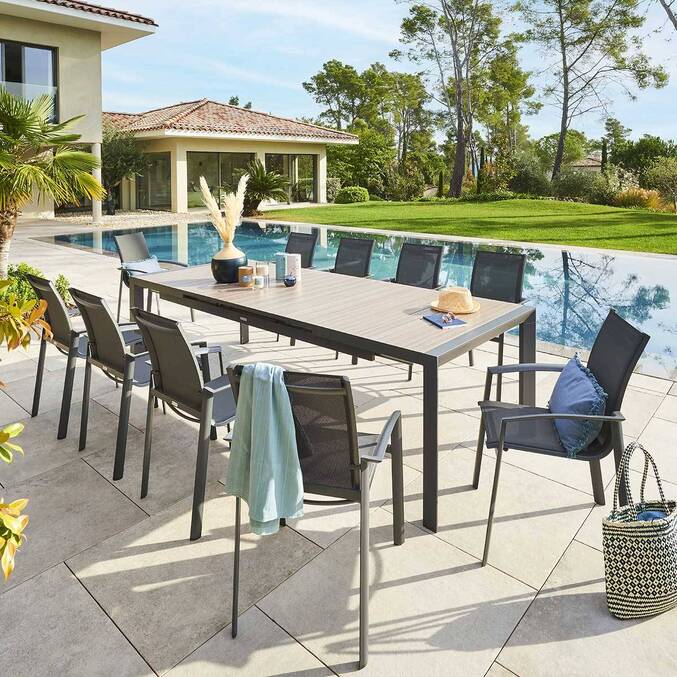 Table de jardin EVASION Seigle / Graphite 10 places - Aluminium traité époxy, Lattes aluminium effet bois3671