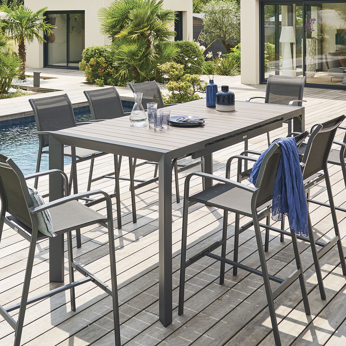 Table haute de jardin extensible ÉVASION Seigle effet bois & Graphite 8 places - Aluminium traité époxy Seigle / Graphite