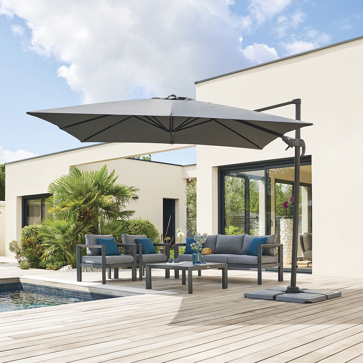 Parasol déporté carré CAYO Ardoise & Anthracite 3 x 3 m - Aluminium traité époxy, Polyester Ardoise