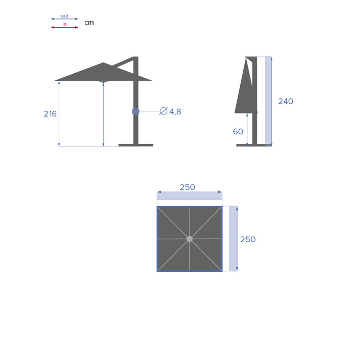 Parasol déporté carré MANOA Ardoise 2,5 x 2,5 m - Aluminium traité époxy, Acier, Polyester Ardoise