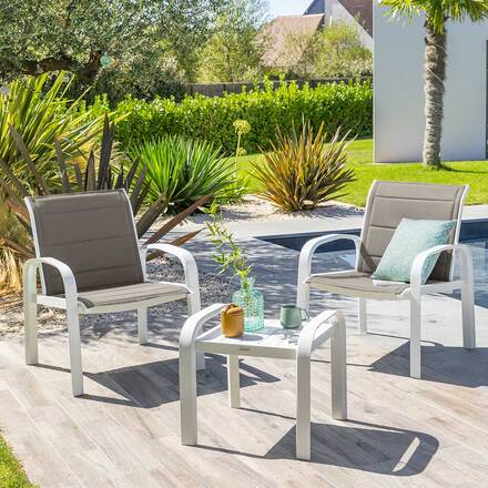 Salon de jardin duo ELYN Noisette & Blanc 2 places - Aluminium, Texaline Noisette / blanc