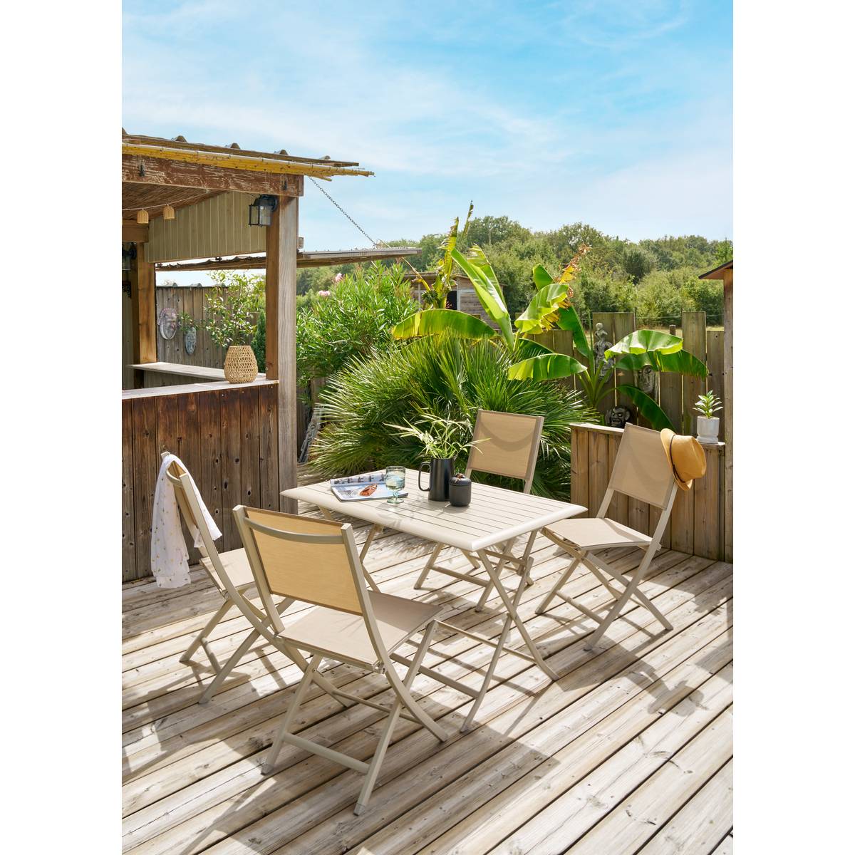 Lot de 4 chaises de jardin pliantes ESSENTIA Lin & Argile Aluminium traité époxy, Texaline Lin / Argile
