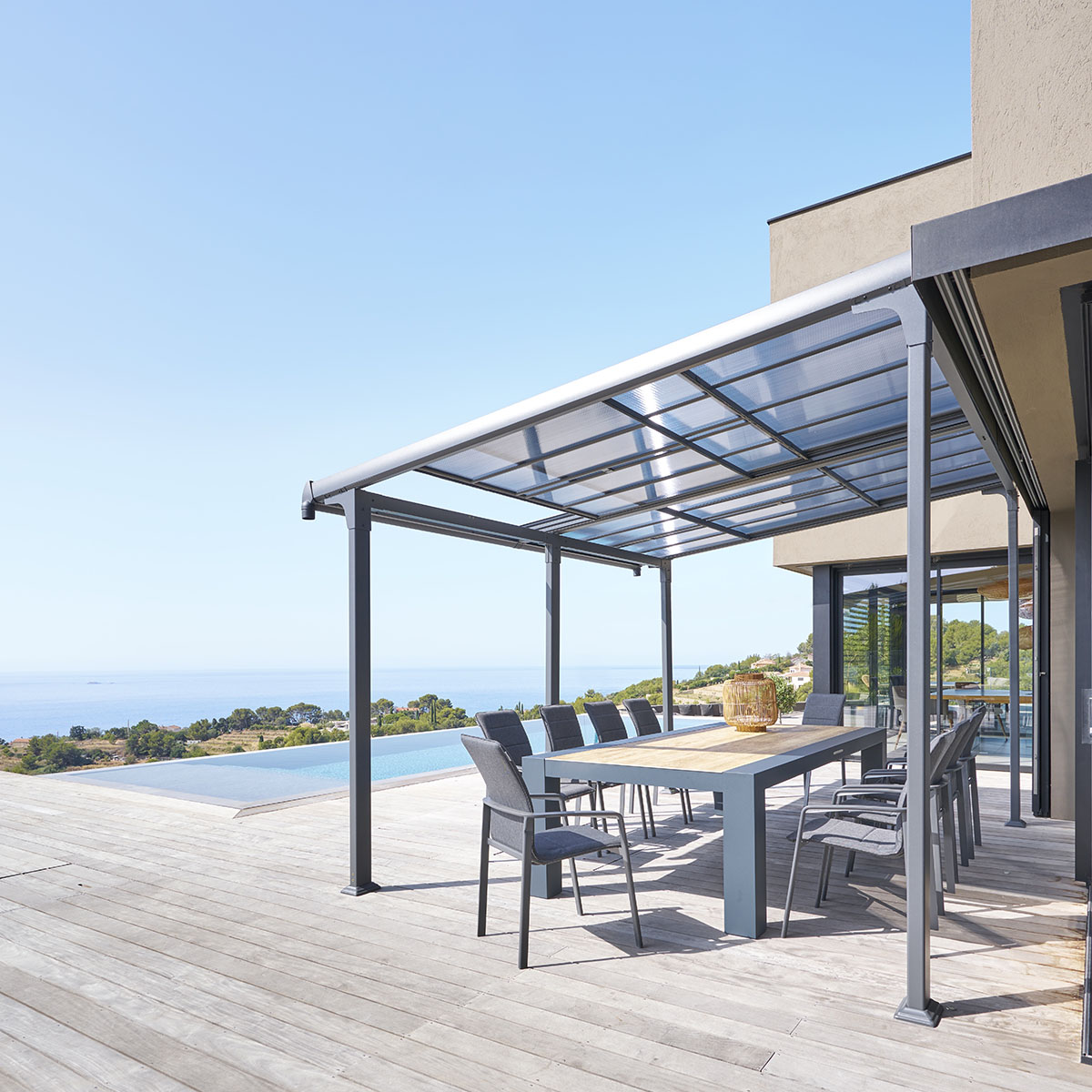 Pergola extensible ENOLIE Graphite 4 x 3,5 m - Structure et lames simples en aluminium et polycarbonate Graphite