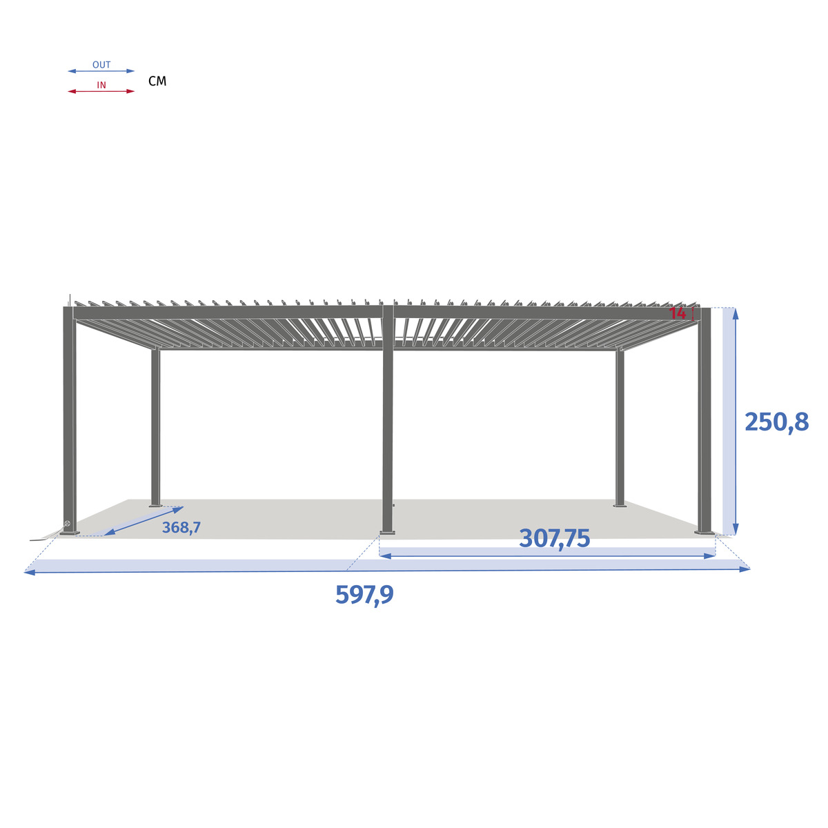 Pergola bioclimatique électrique EVORA Graphite 6 x 3,6 m - Structure et lames doubles en aluminium Graphite