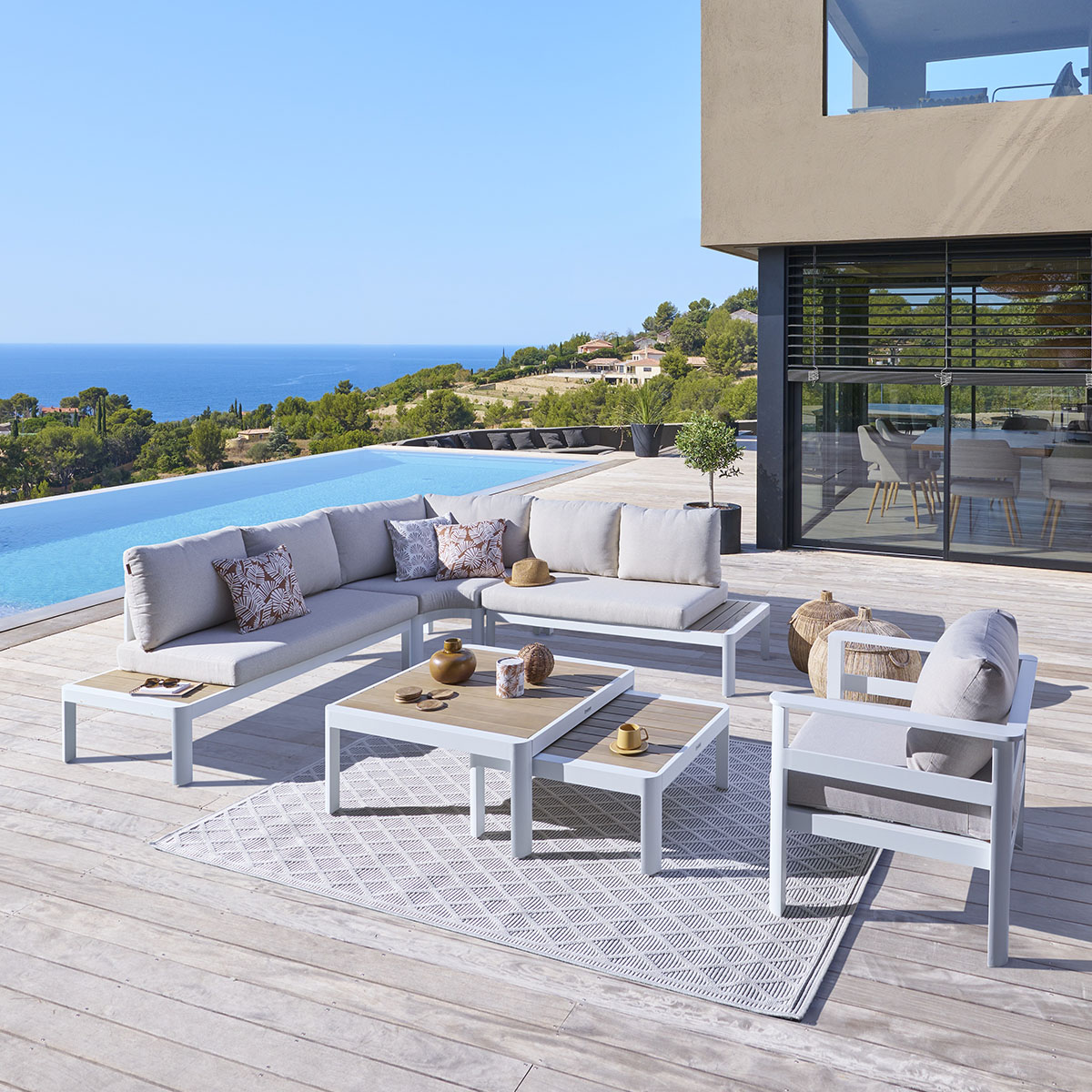 Salon d'angle de jardin PARADIZE Beige & Blanc 6 places - Aluminium traité époxy, Acacia certifié FSC® Beige / Blanc