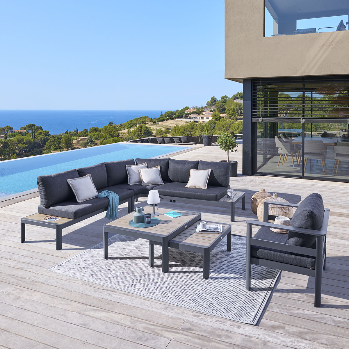 Salon d'angle de jardin PARADIZE Gris foncé & Graphite 6 places - Aluminium traité époxy, Acacia certifié FSC® Gris foncé / Graphite